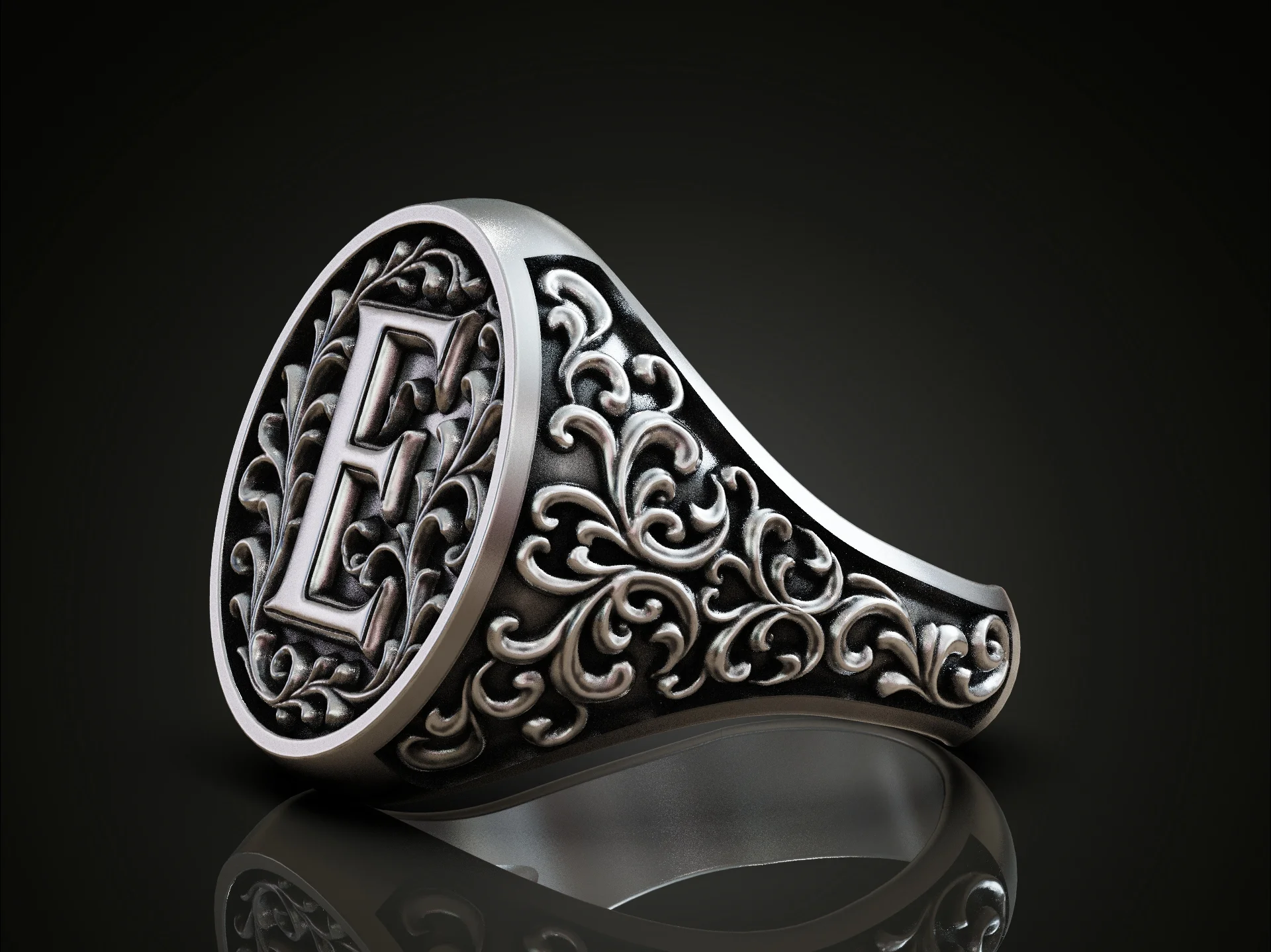 Victorian Scroll Letter E Signet Ring — view 4