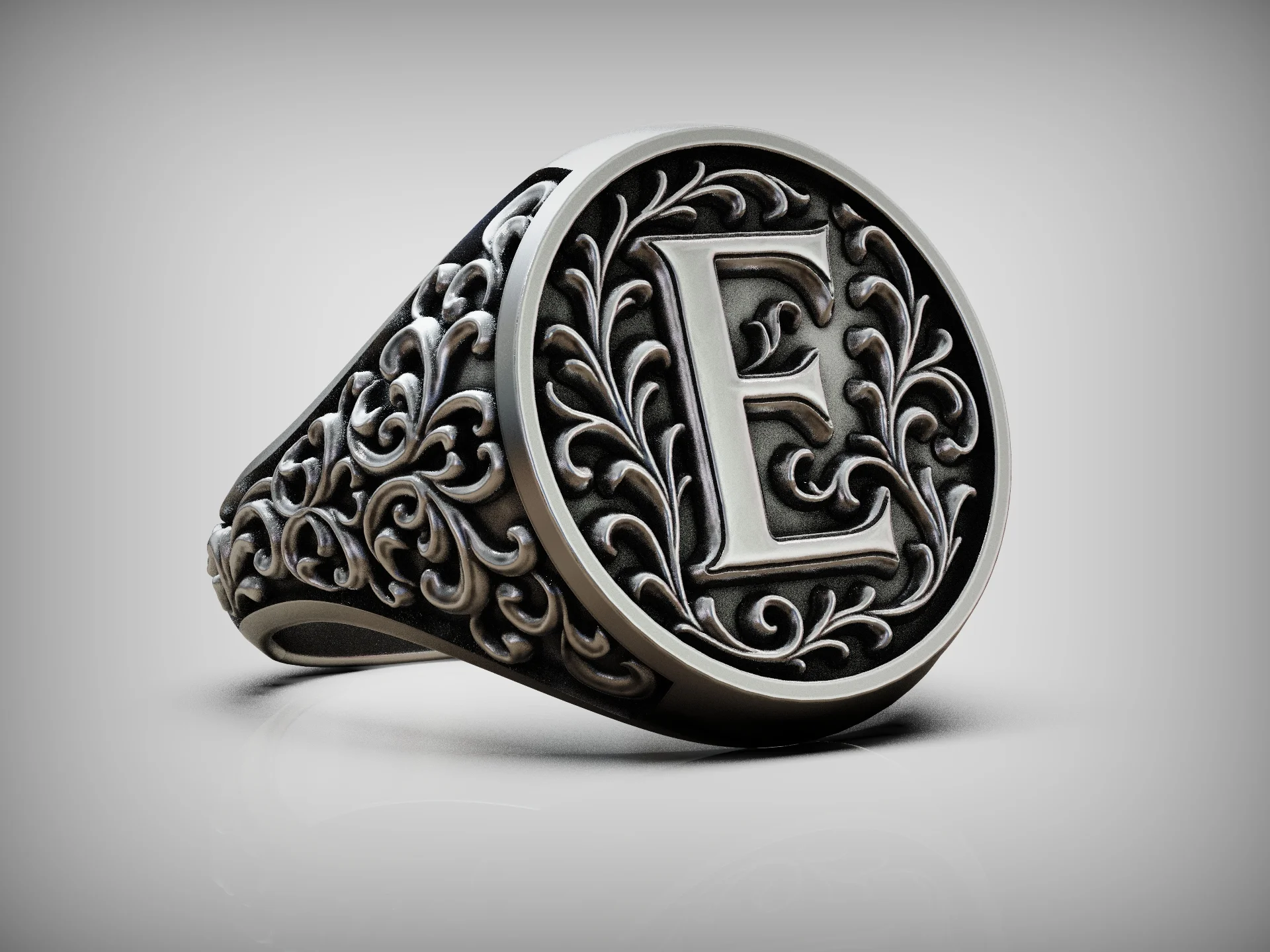 Victorian Scroll Letter E Signet Ring — view 5