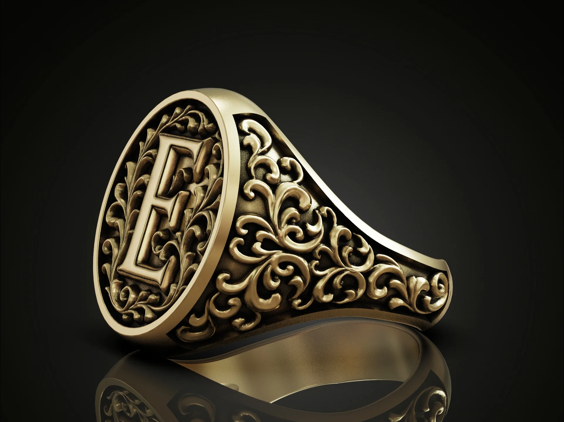 Victorian Scroll Letter E Signet Ring — view 3