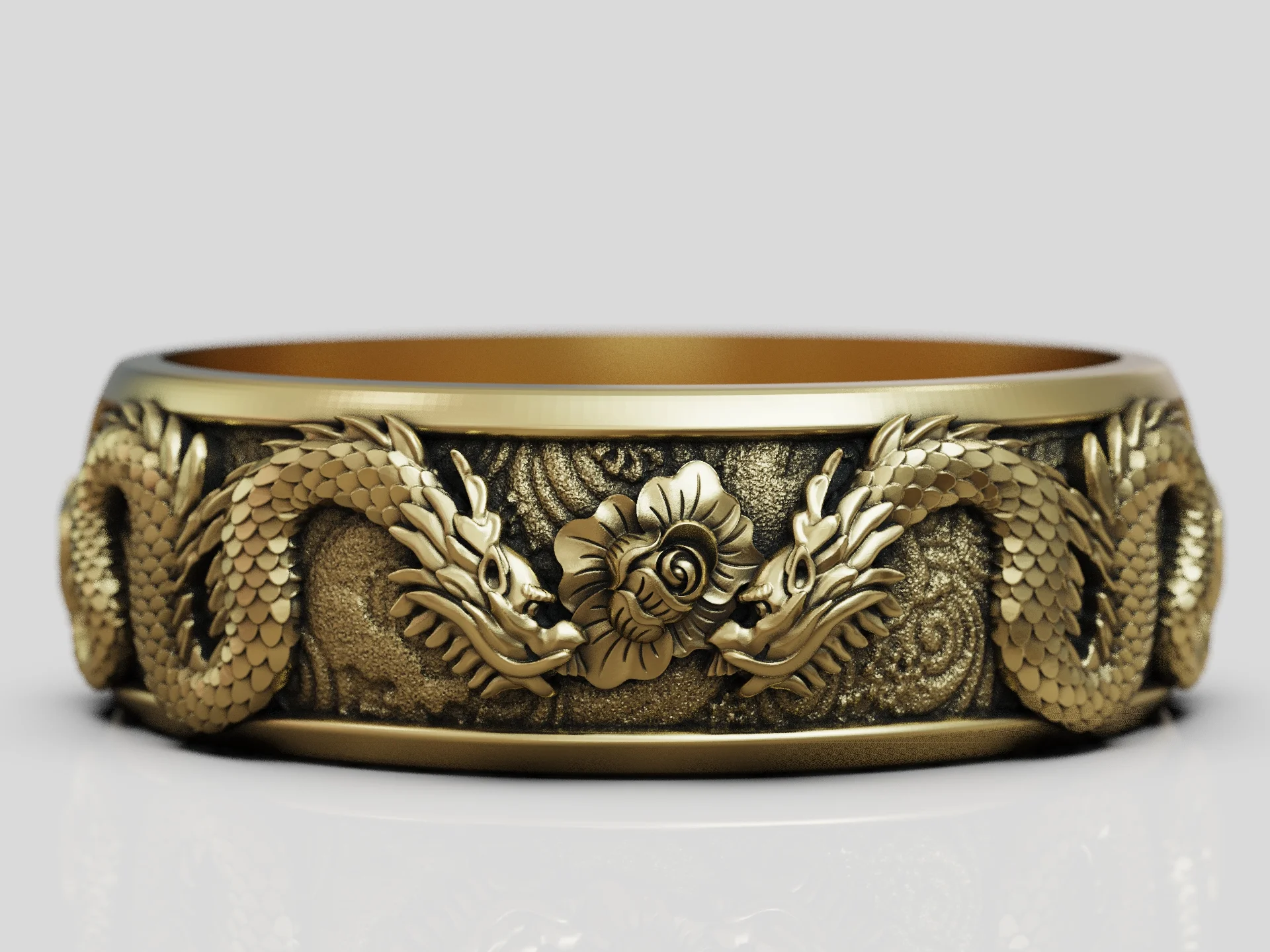 Dragons East Asian Floral Band Ring — view 7