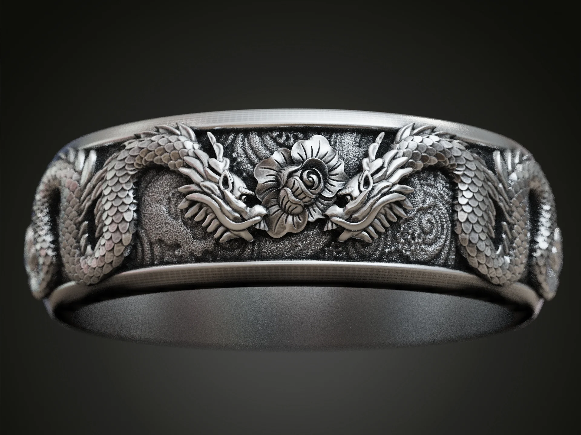 Dragons East Asian Floral Band Ring