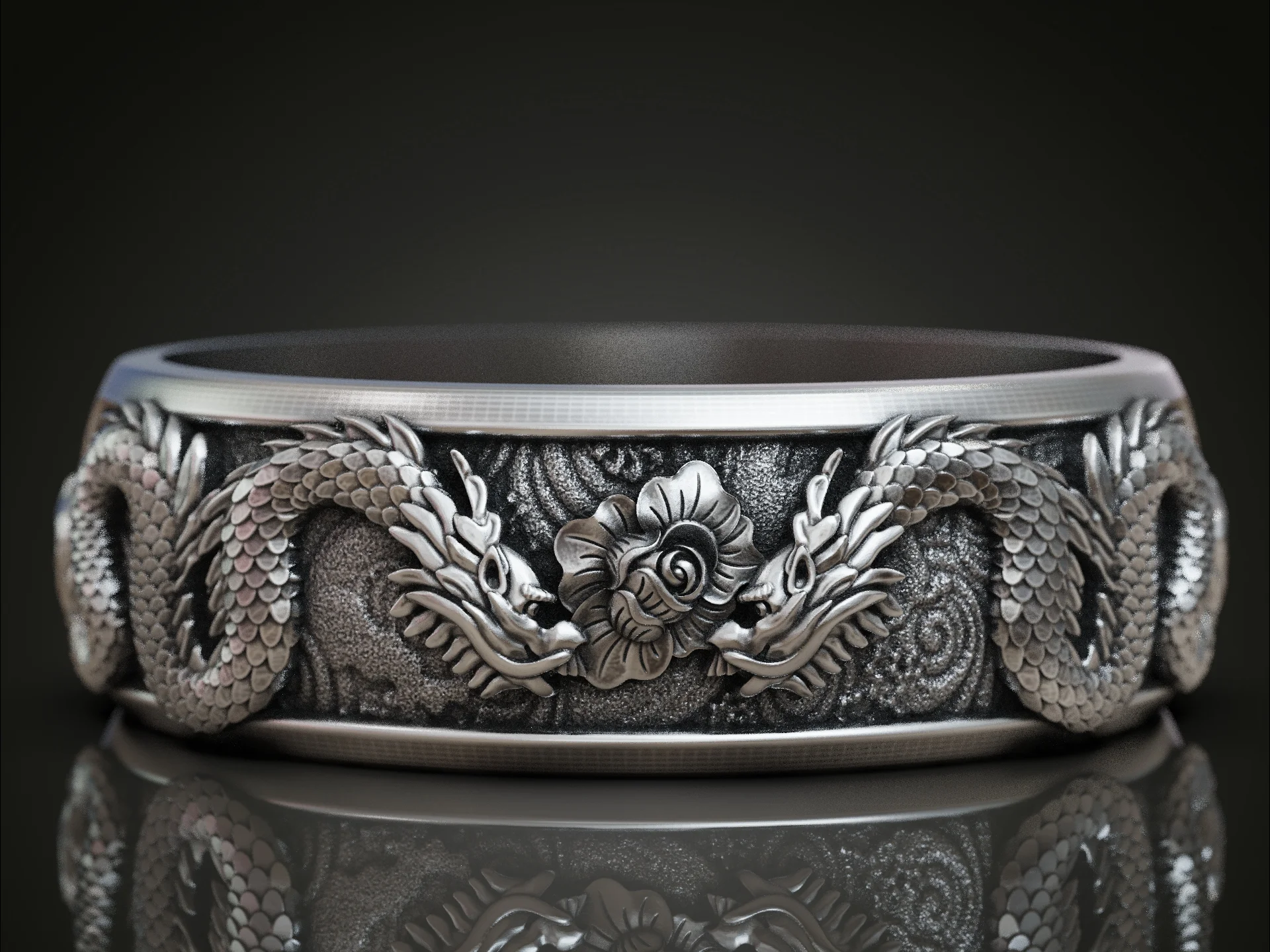 Dragons East Asian Floral Band Ring — view 2