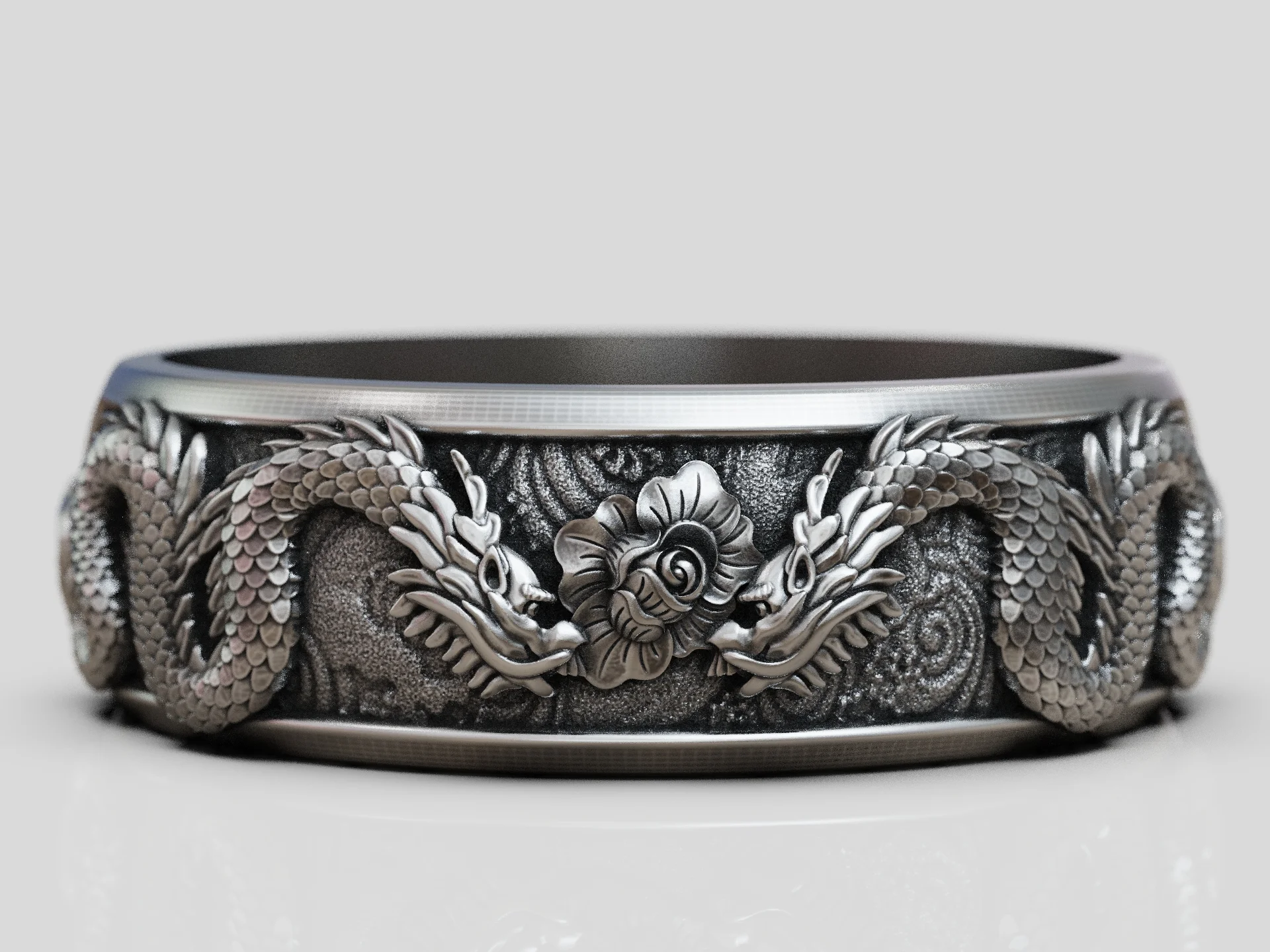 Dragons East Asian Floral Band Ring — view 6