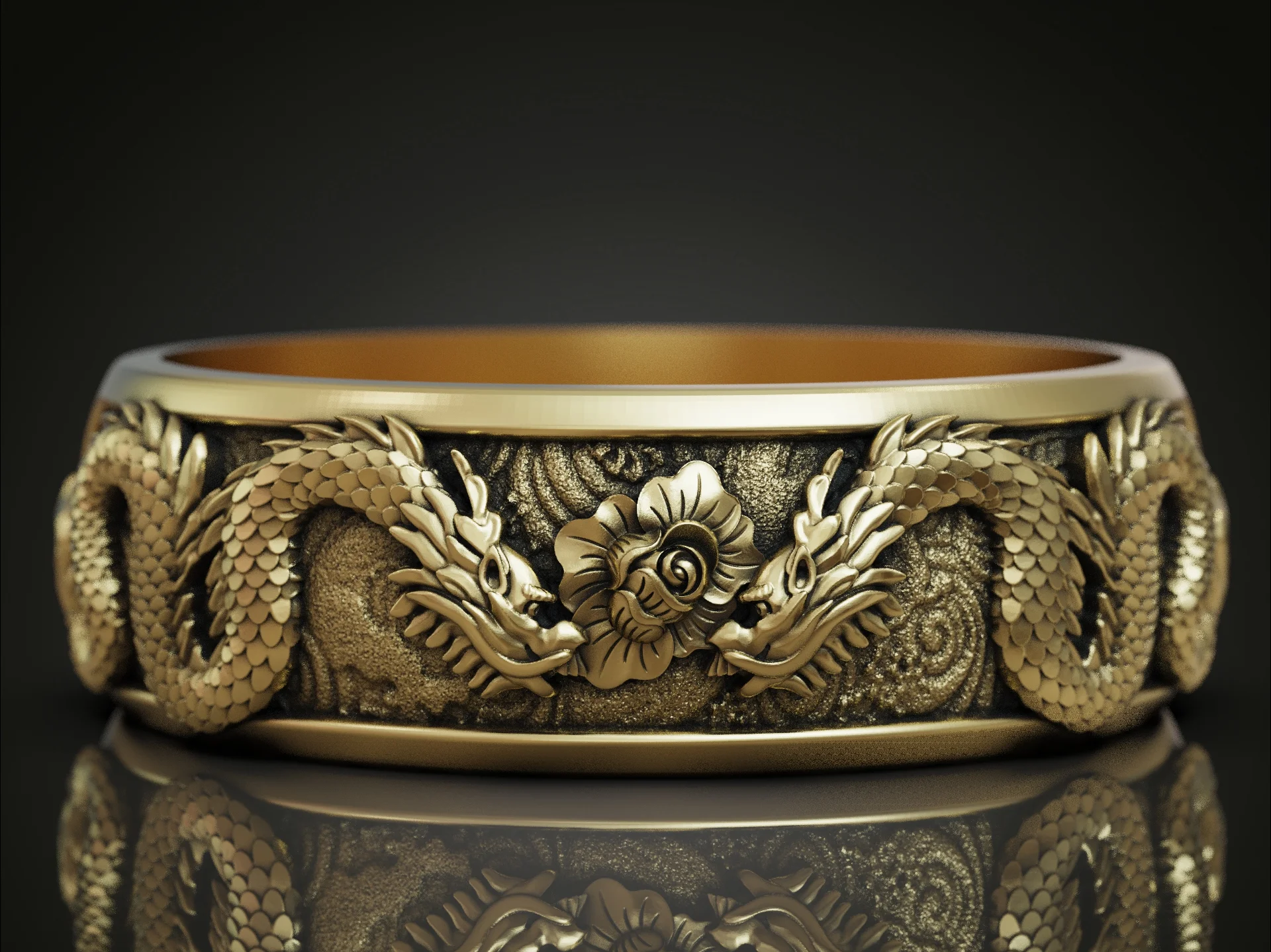 Dragons East Asian Floral Band Ring — view 8