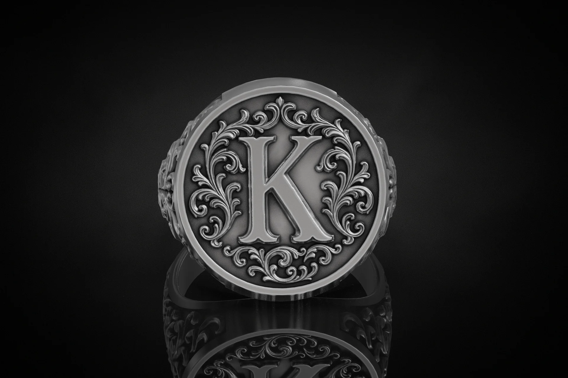 Baroque Letter K Monogram Signet Ring — view 3