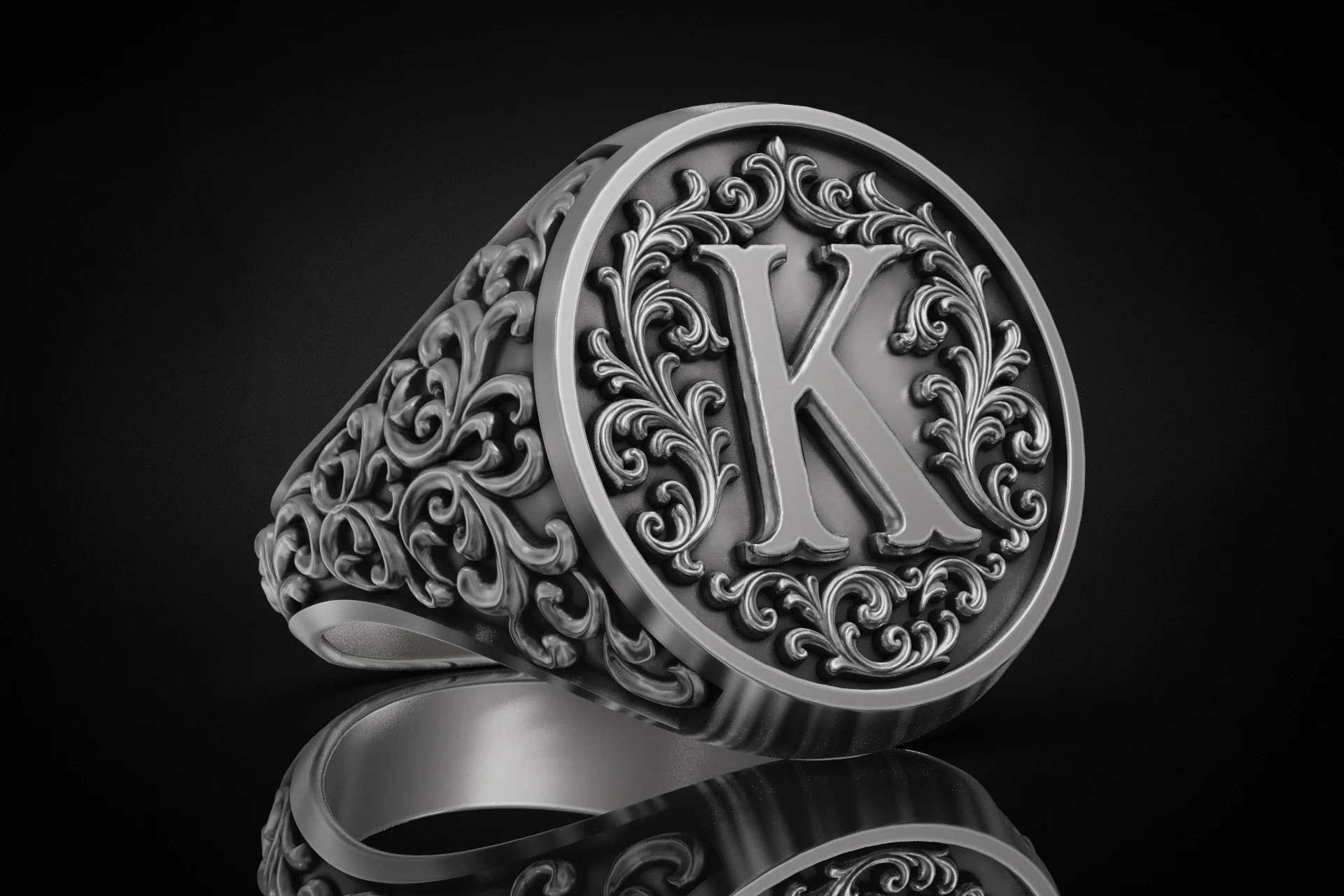 Baroque Letter K Monogram Signet Ring