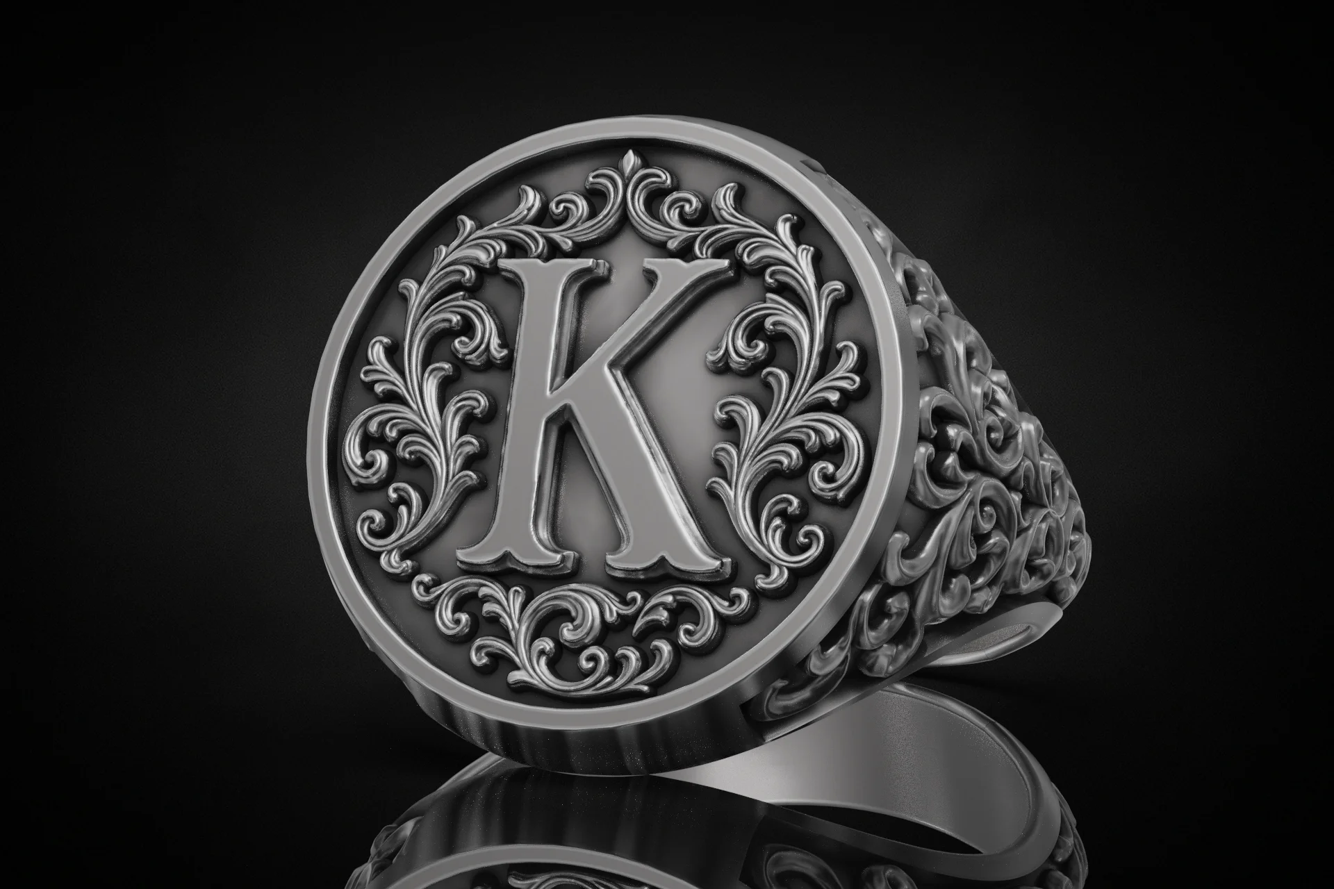 Baroque Letter K Monogram Signet Ring — view 2