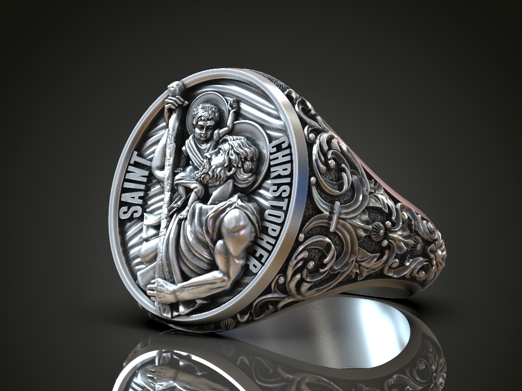 Saint Christopher Religious Signet Ring with Floral Scrolls — view 3