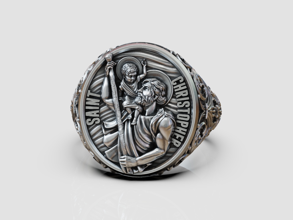 Saint Christopher Religious Signet Ring with Floral Scrolls — view 8