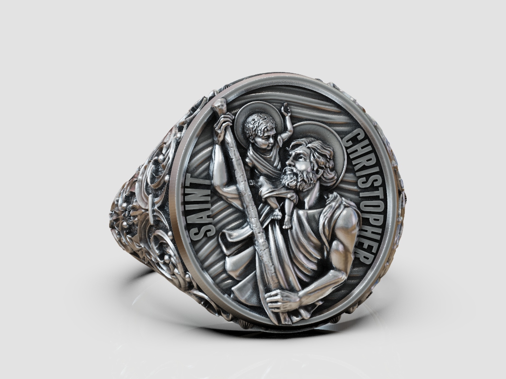 Saint Christopher Religious Signet Ring with Floral Scrolls — view 7
