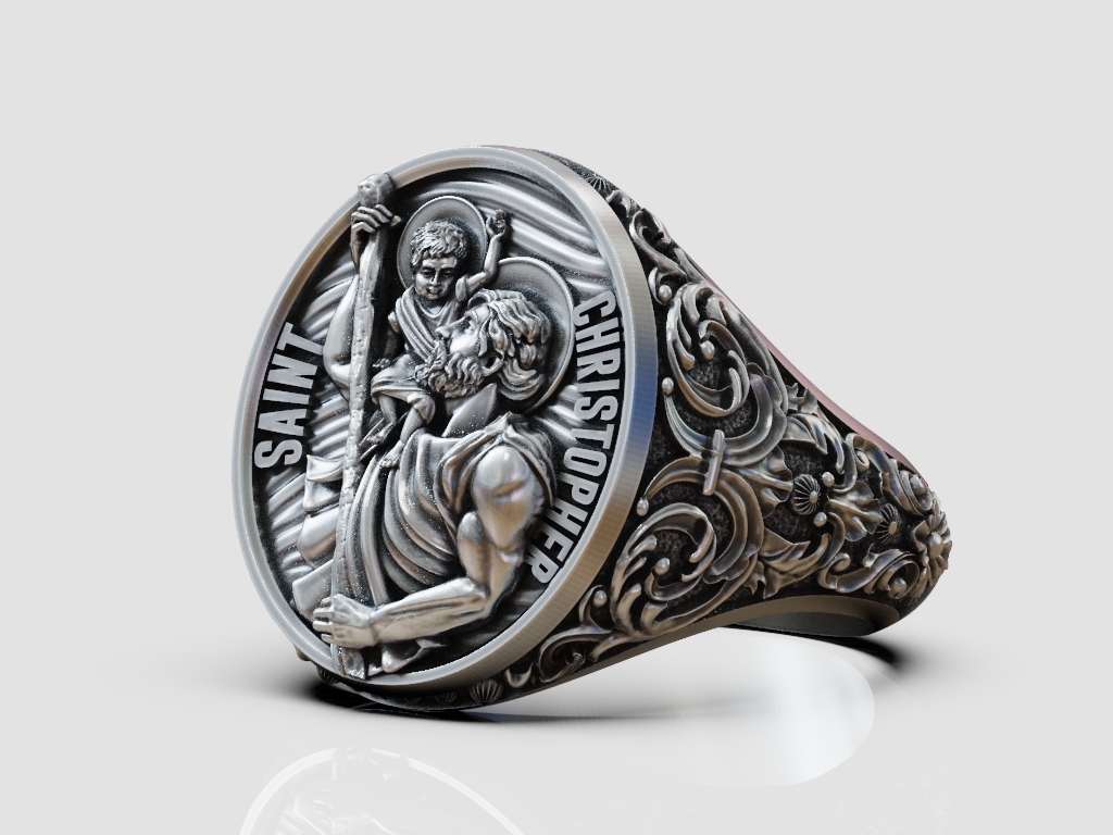 Saint Christopher Religious Signet Ring with Floral Scrolls — view 5