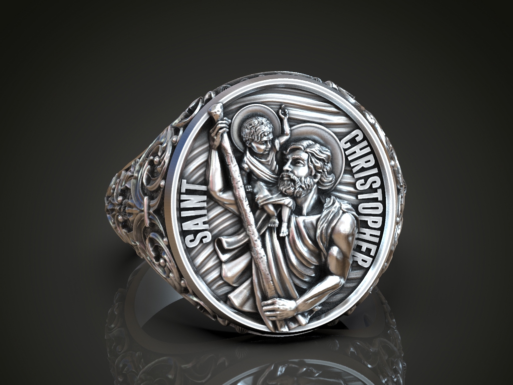 Saint Christopher Religious Signet Ring with Floral Scrolls