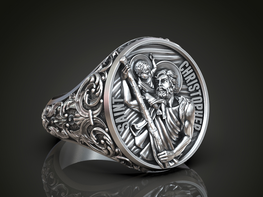 Saint Christopher Religious Signet Ring with Floral Scrolls — view 2
