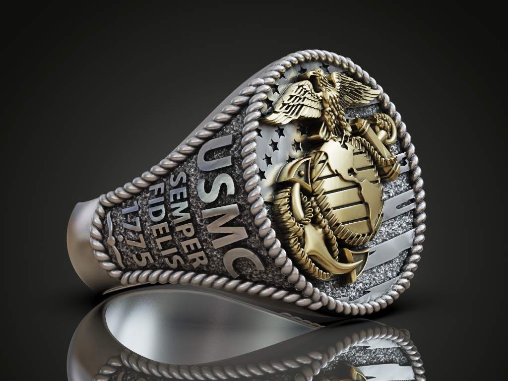 USMC EGA Emblem Signet Ring with Rope Twist Border — view 2