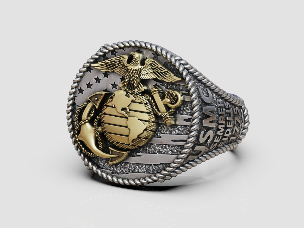 USMC EGA Emblem Signet Ring with Rope Twist Border — view 5