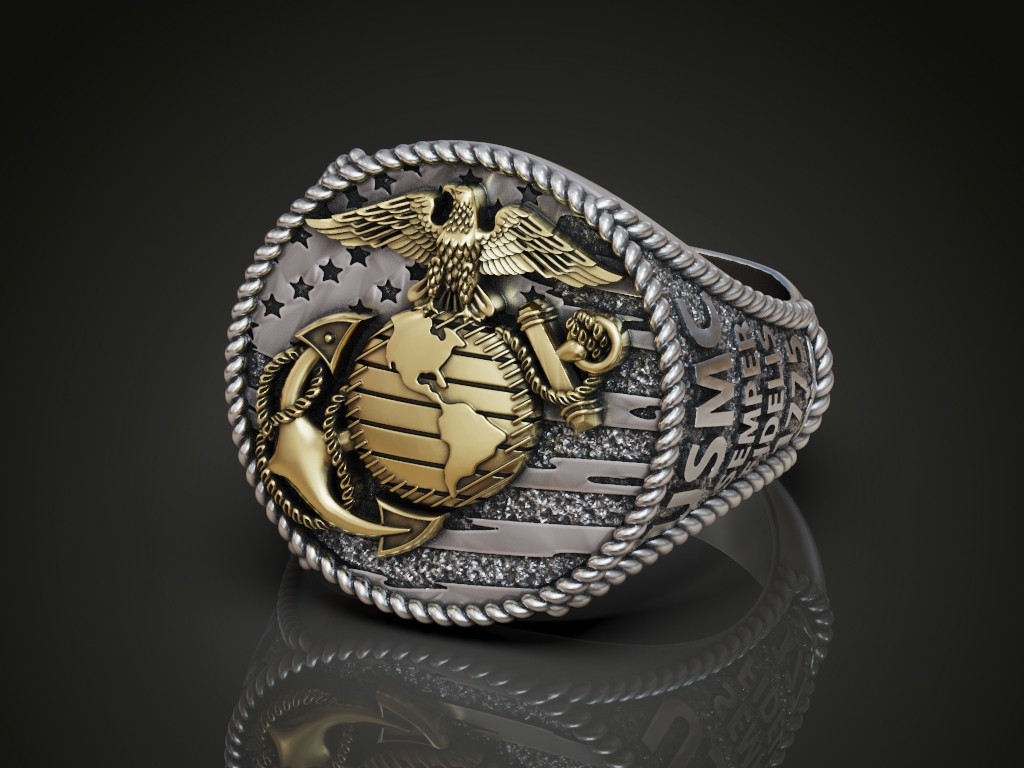 USMC EGA Emblem Signet Ring with Rope Twist Border — view 3