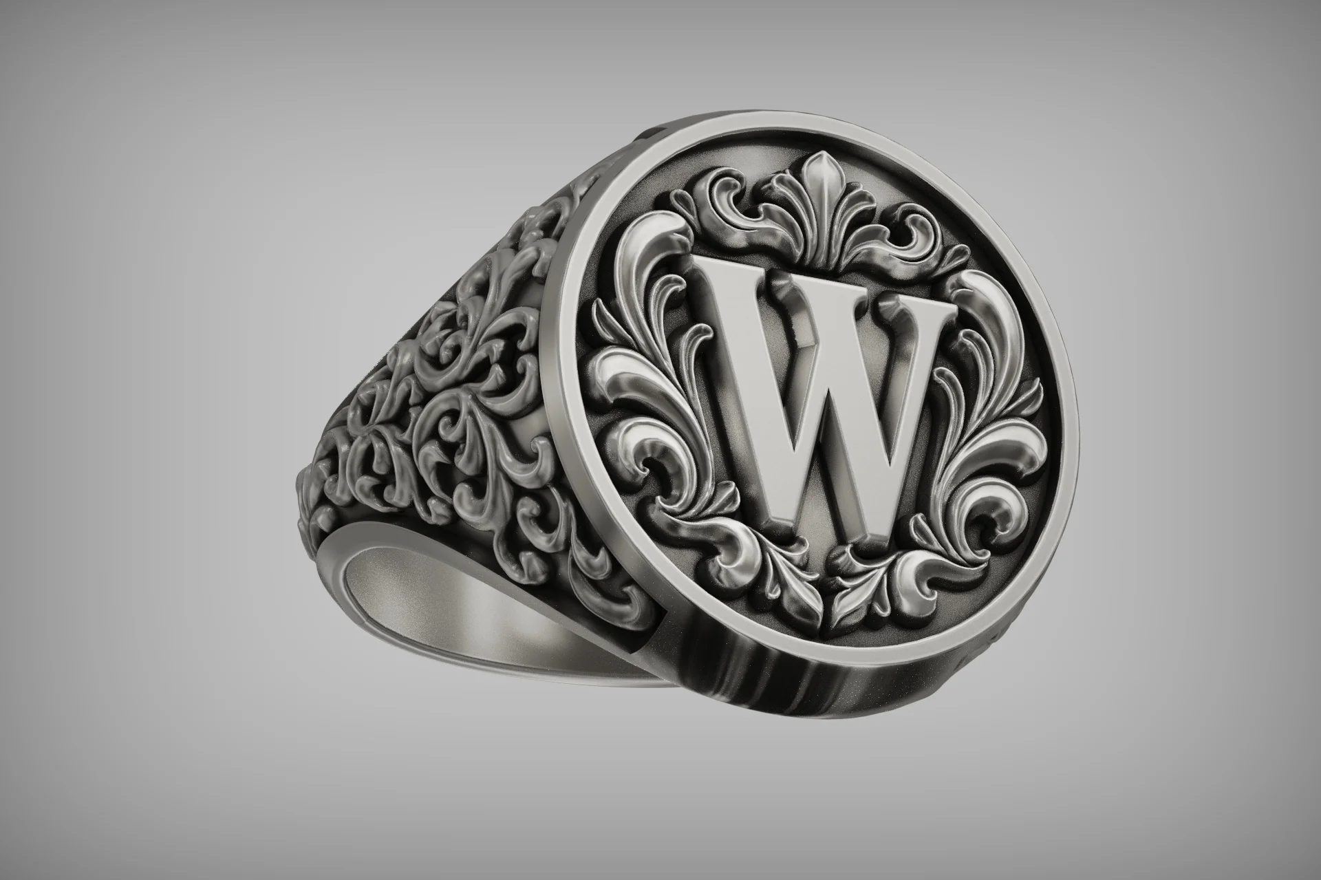 Ornate Baroque Scrollwork Letter W Signet Ring — view 4