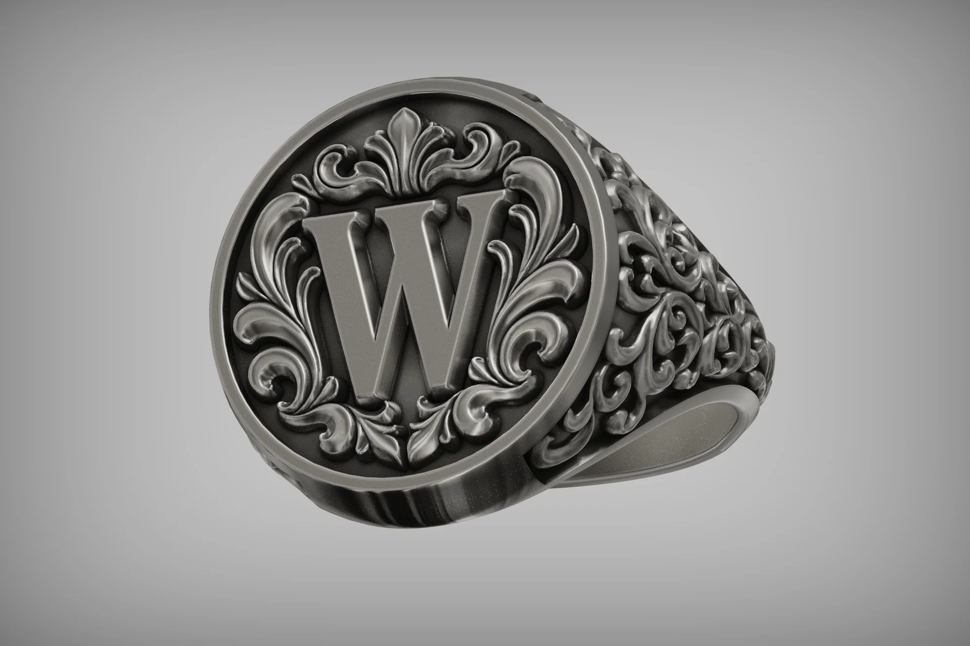 Ornate Baroque Scrollwork Letter W Signet Ring — view 5