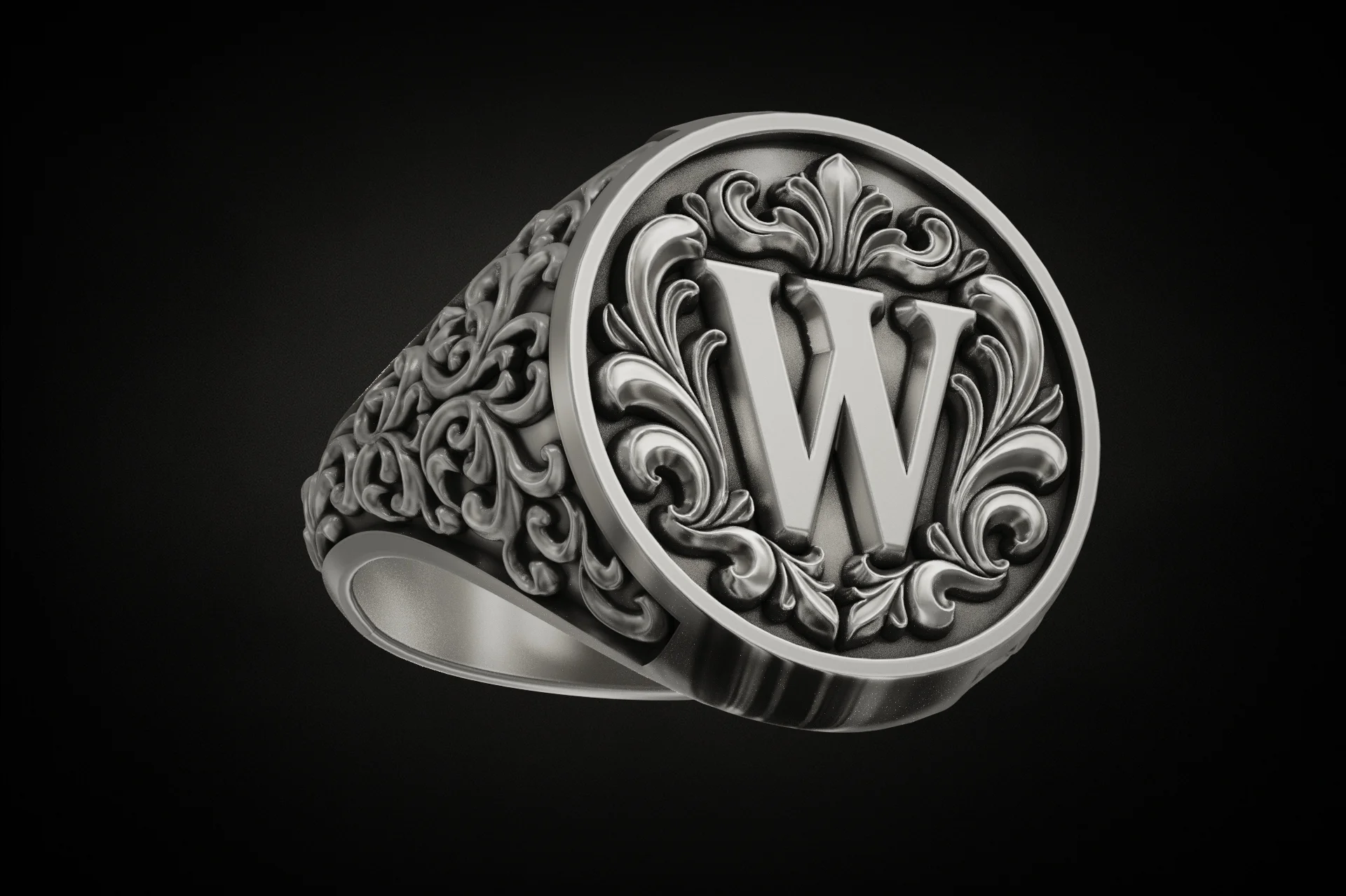 Ornate Baroque Scrollwork Letter W Signet Ring