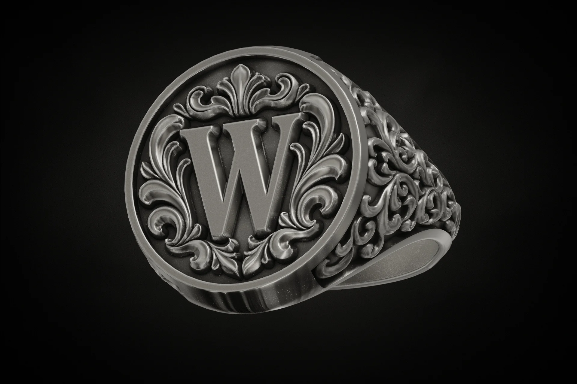 Ornate Baroque Scrollwork Letter W Signet Ring — view 2