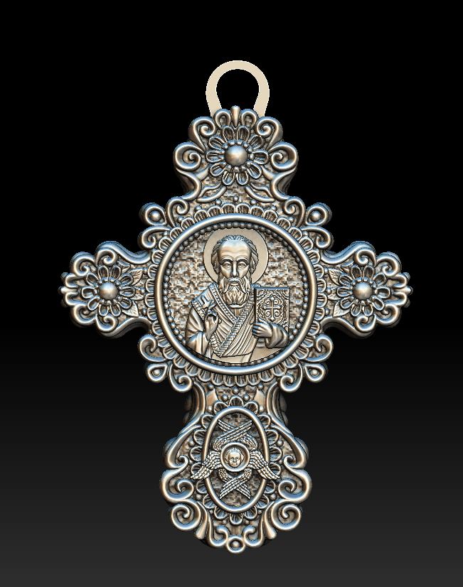 Ornate Orthodox Cross Pendant with Saint Nicholas Relief — view 3