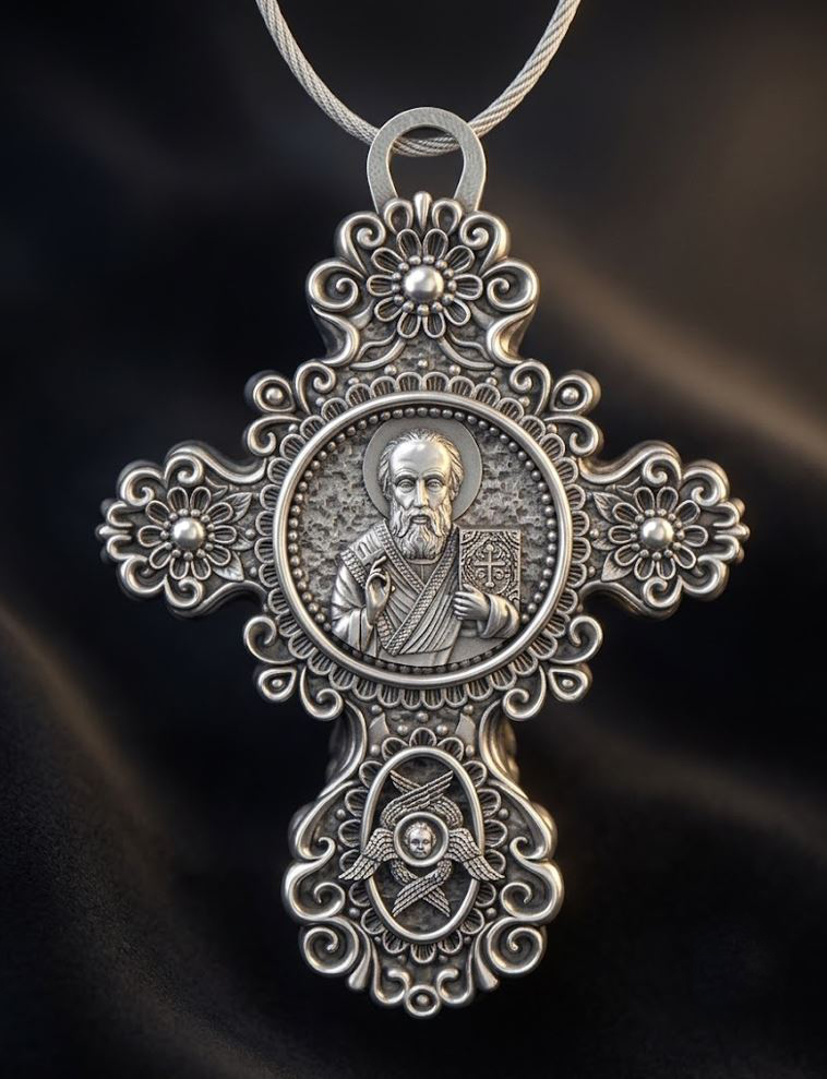 Ornate Orthodox Cross Pendant with Saint Nicholas Relief — view 2