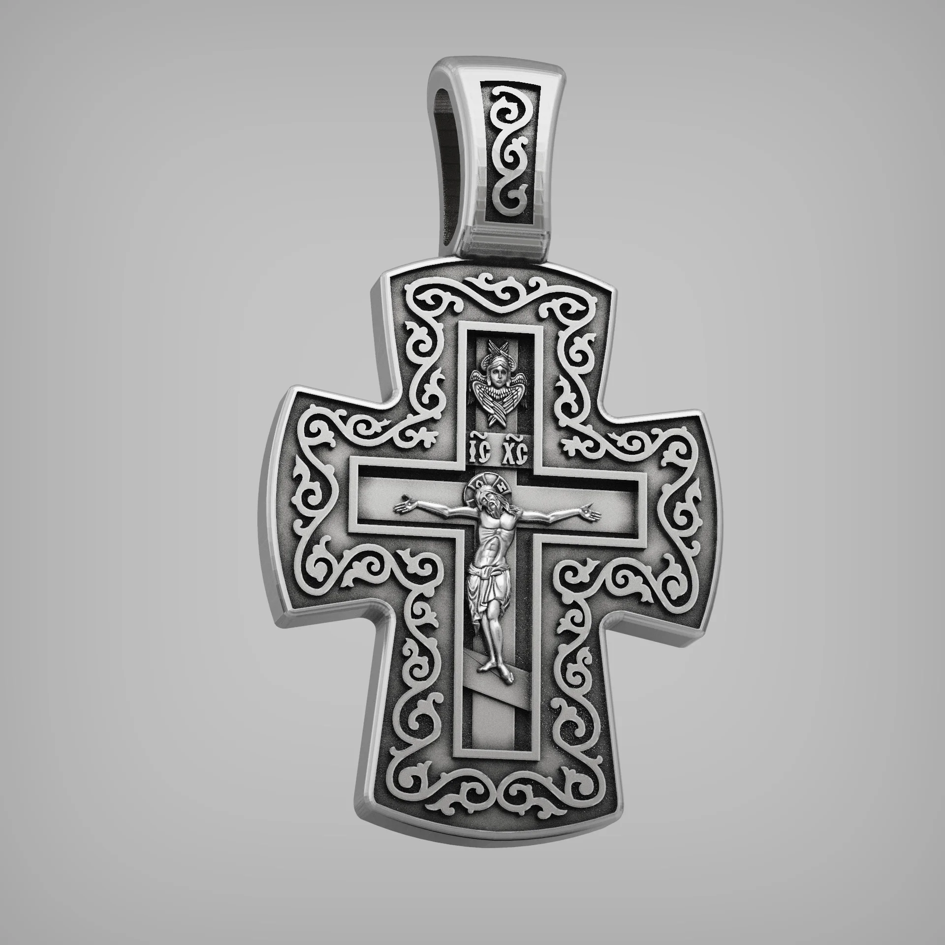 Detailed Orthodox Crucifixion Cross Pendant with Scrollwork — view 4