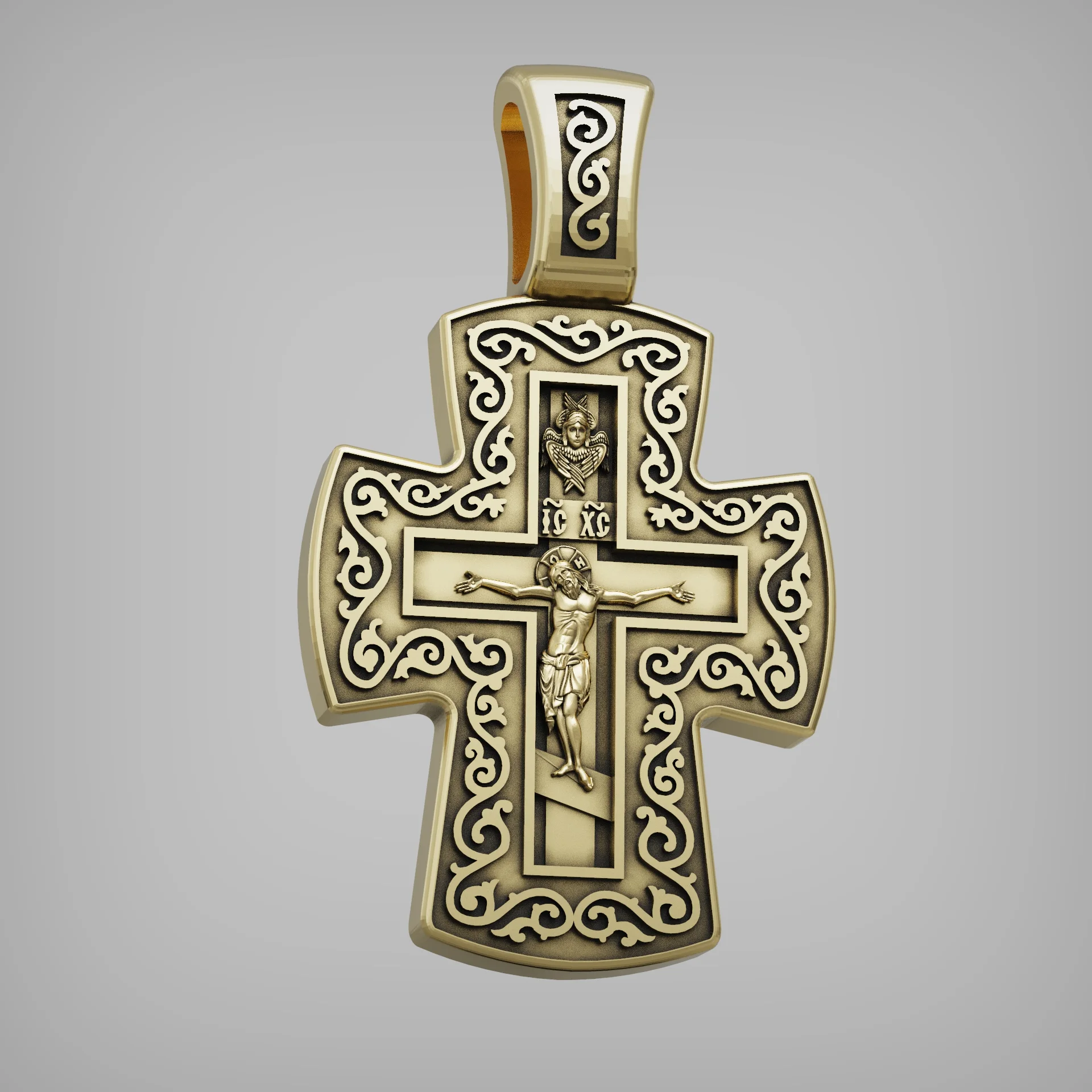 Detailed Orthodox Crucifixion Cross Pendant with Scrollwork — view 5