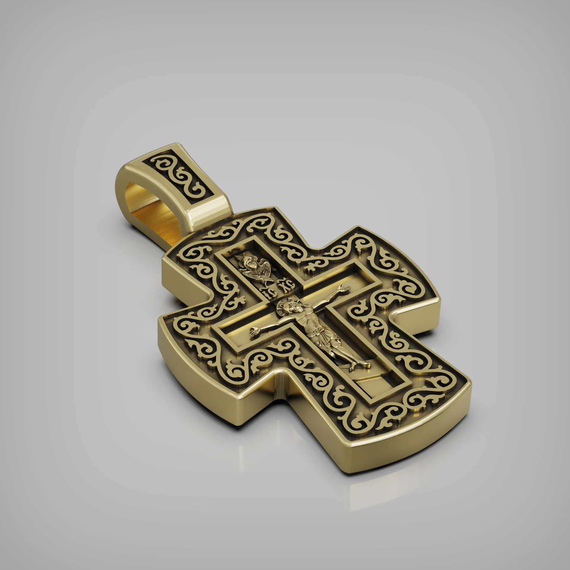 Detailed Orthodox Crucifixion Cross Pendant with Scrollwork — view 2