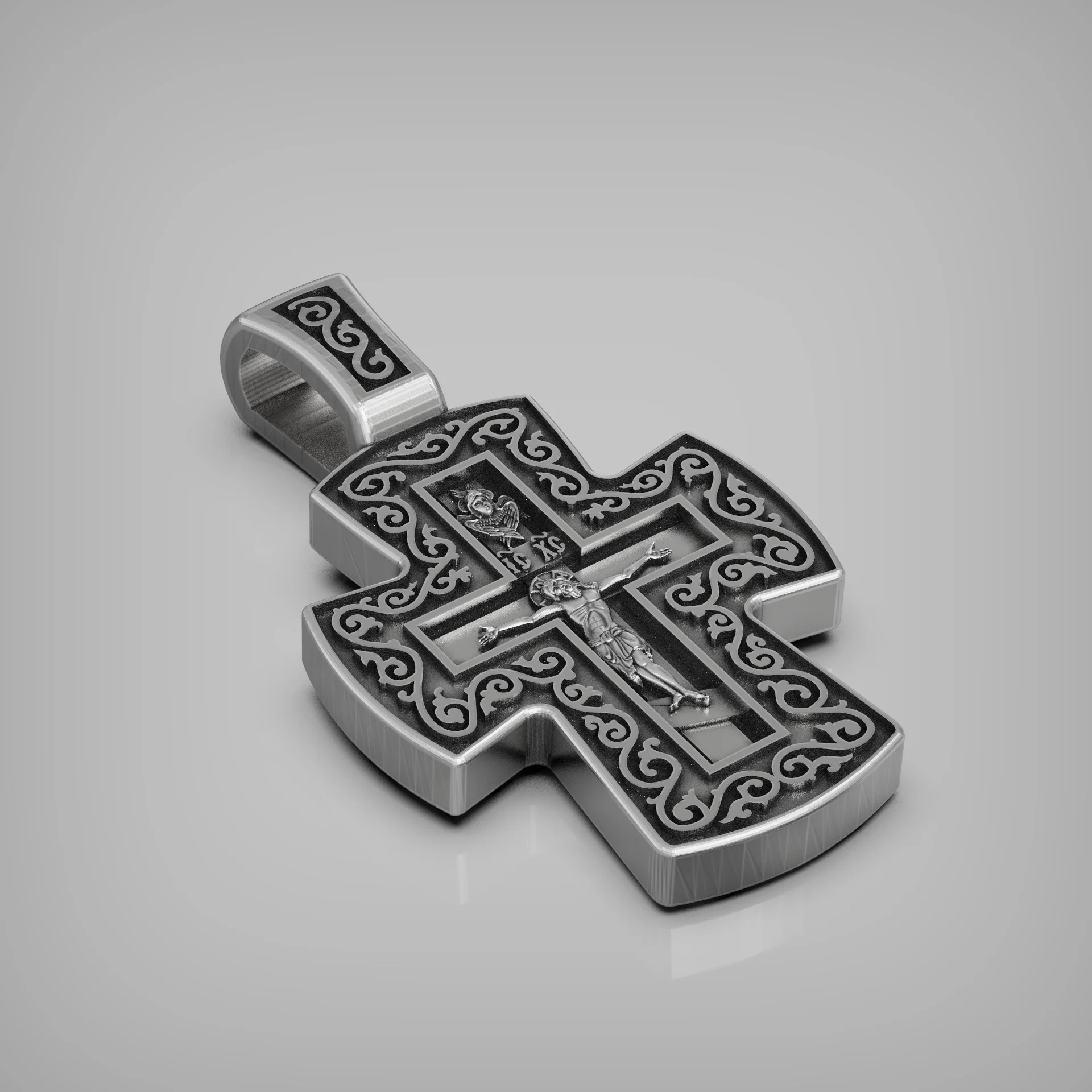 Detailed Orthodox Crucifixion Cross Pendant with Scrollwork
