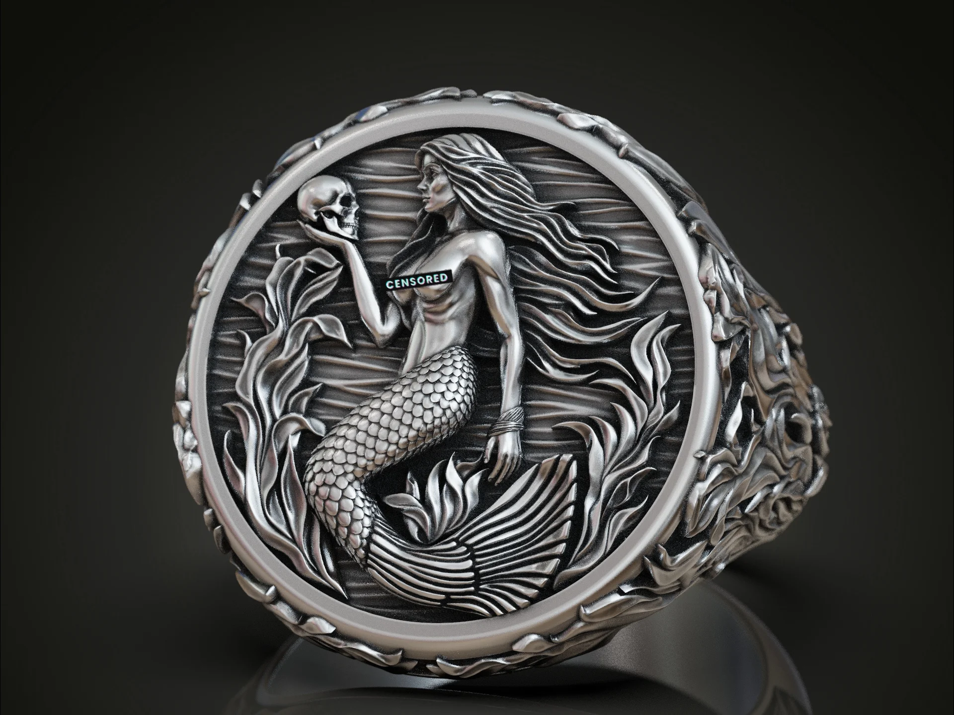Siren Skull and Seaweed Signet Ring — view 2