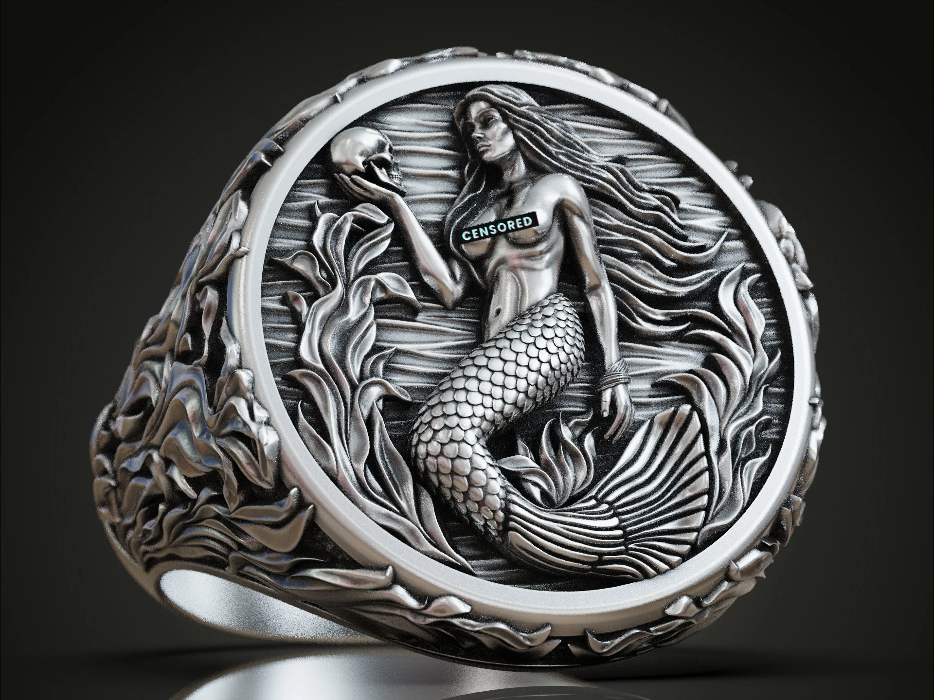 Siren Skull and Seaweed Signet Ring