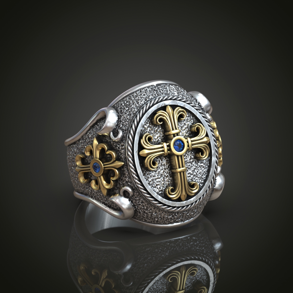 Cross Fleury Signet Ring with Rope Border