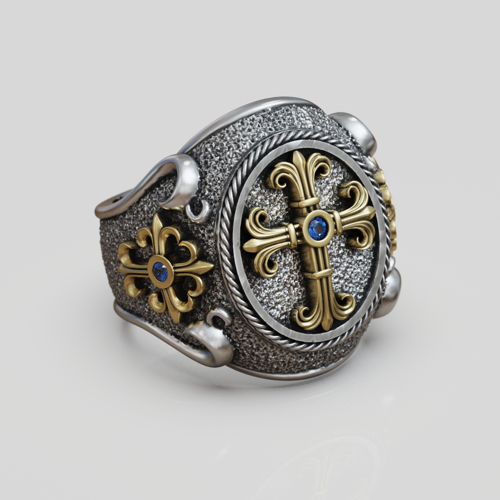 Cross Fleury Signet Ring with Rope Border — view 5