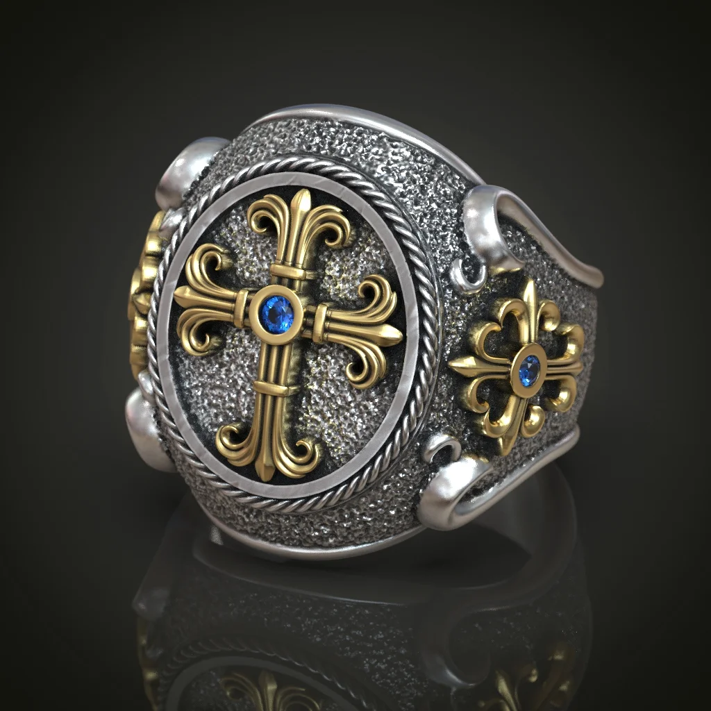 Cross Fleury Signet Ring with Rope Border — view 2