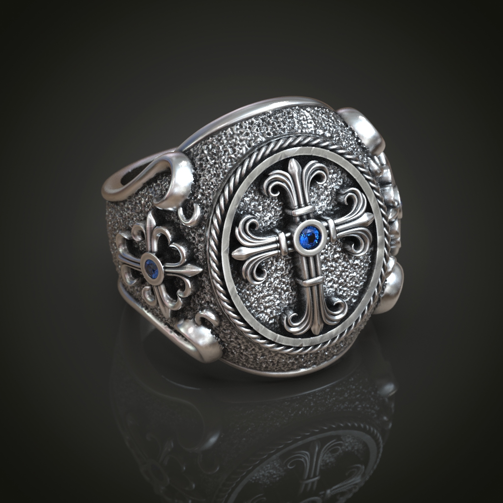 Cross Fleury Signet Ring with Rope Border — view 3
