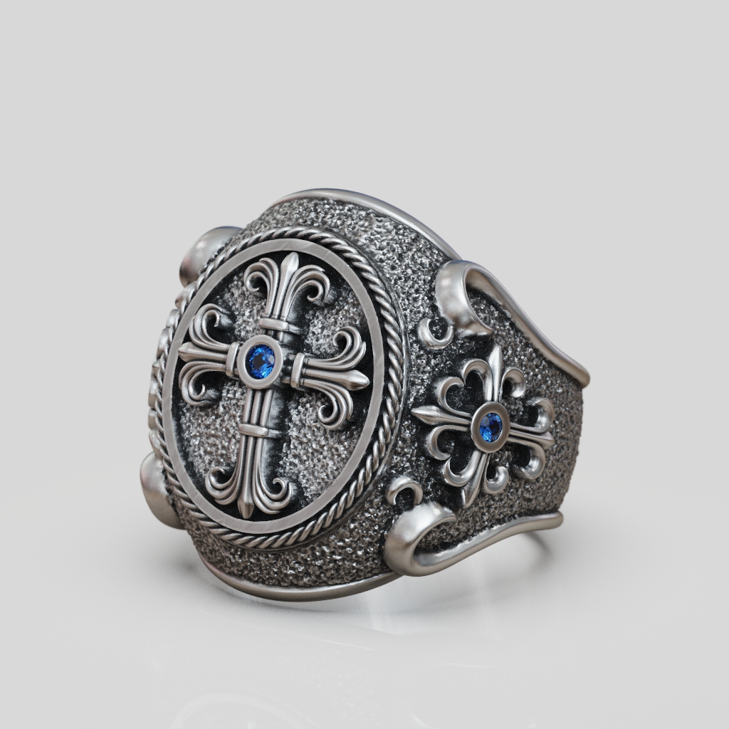 Cross Fleury Signet Ring with Rope Border — view 7