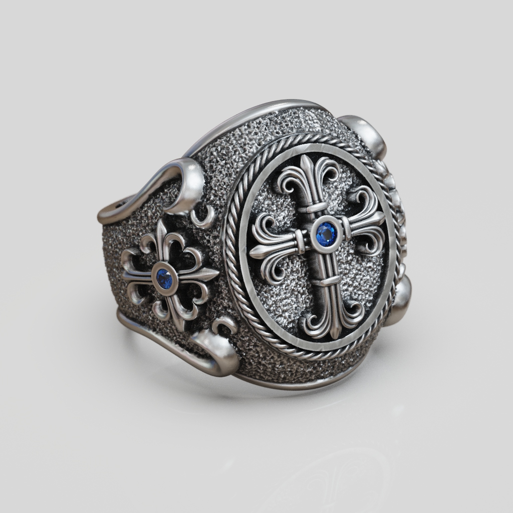 Cross Fleury Signet Ring with Rope Border — view 4