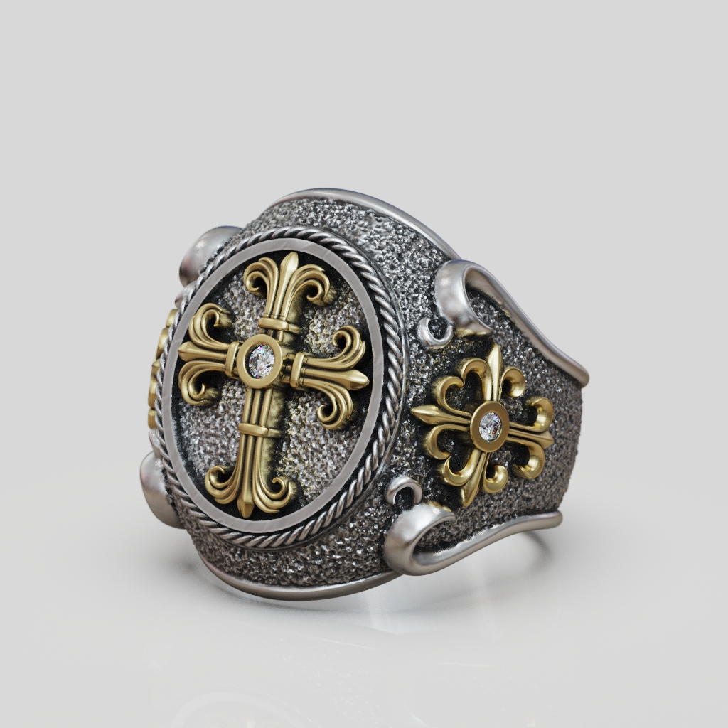 Cross Fleury Signet Ring with Rope Border — view 8