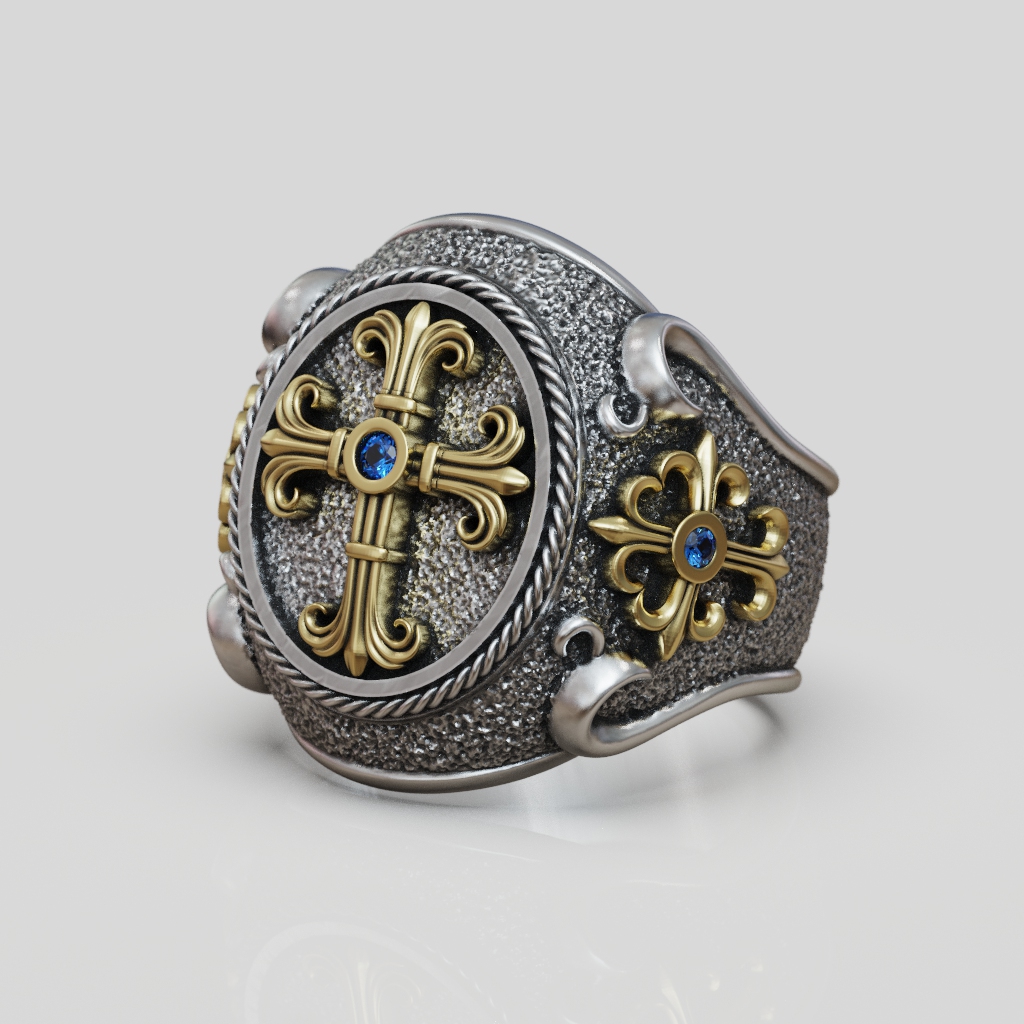 Cross Fleury Signet Ring with Rope Border — view 6