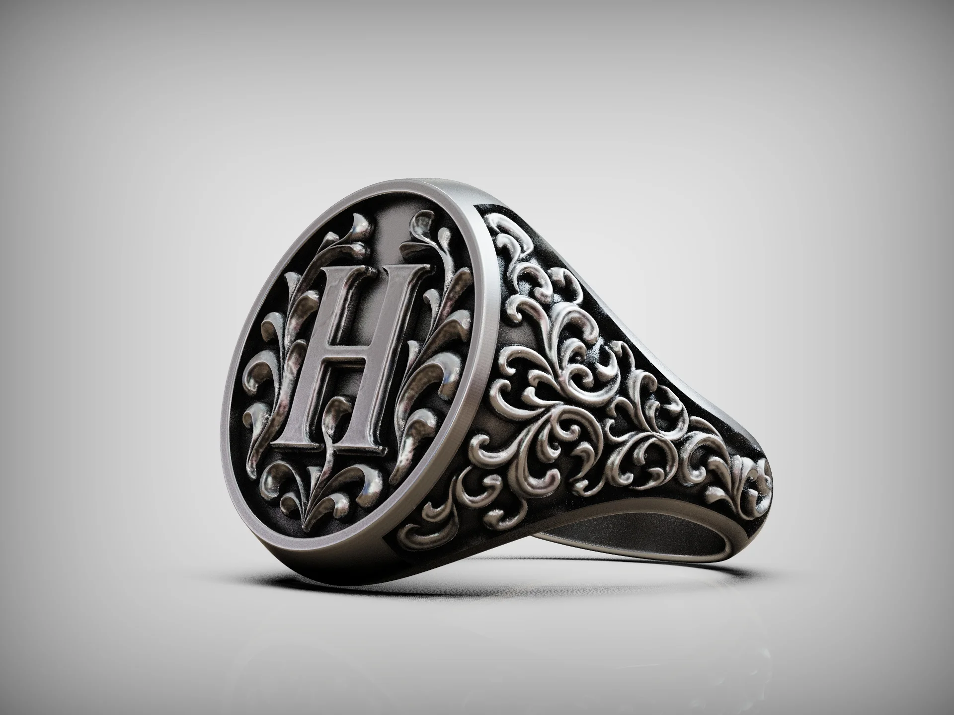 Vintage Ornate Floral Initial H Signet Ring — view 8