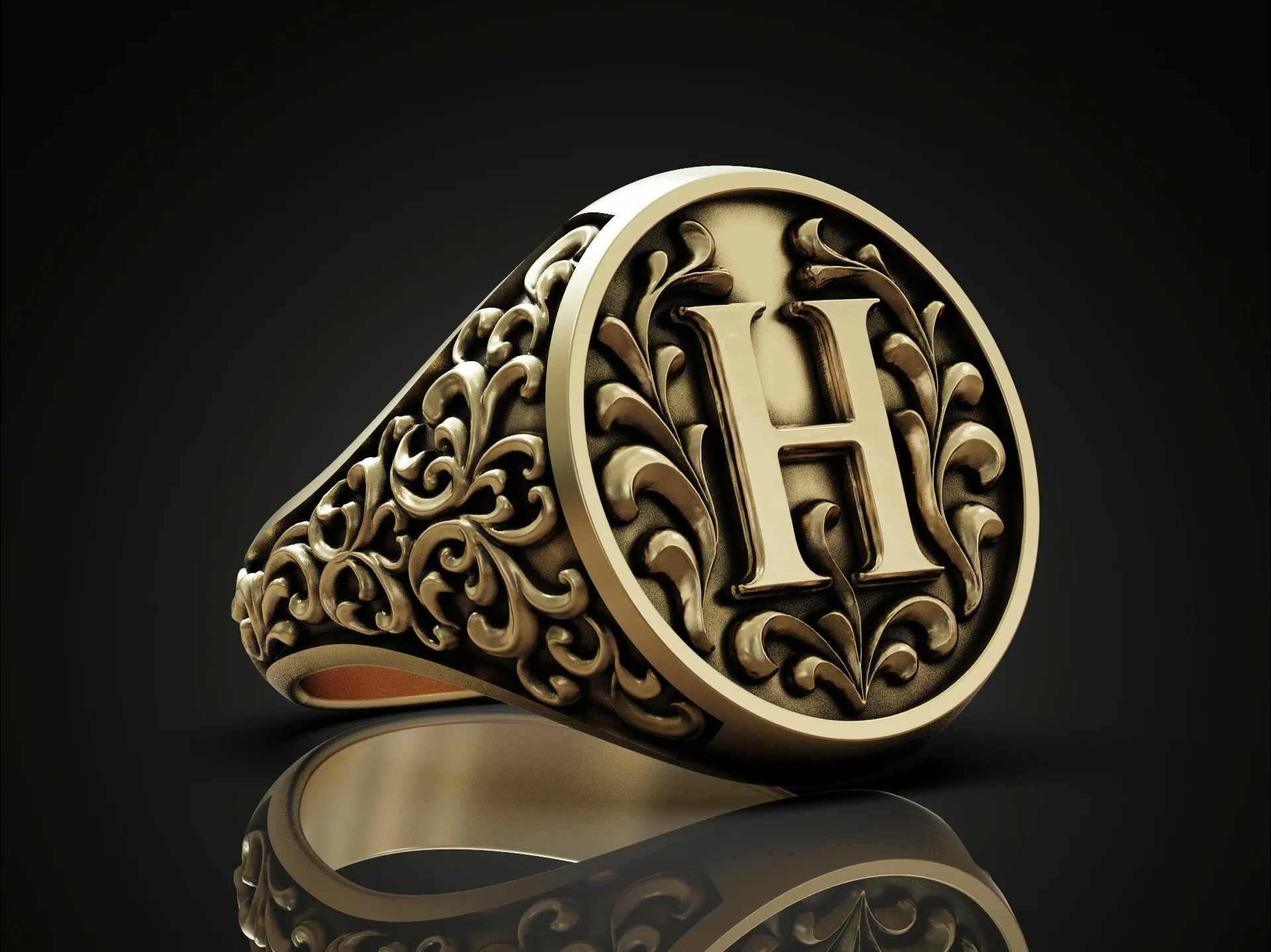 Vintage Ornate Floral Initial H Signet Ring — view 2