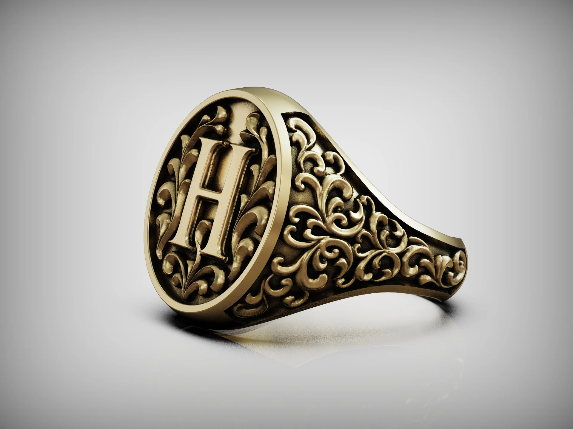 Vintage Ornate Floral Initial H Signet Ring — view 7