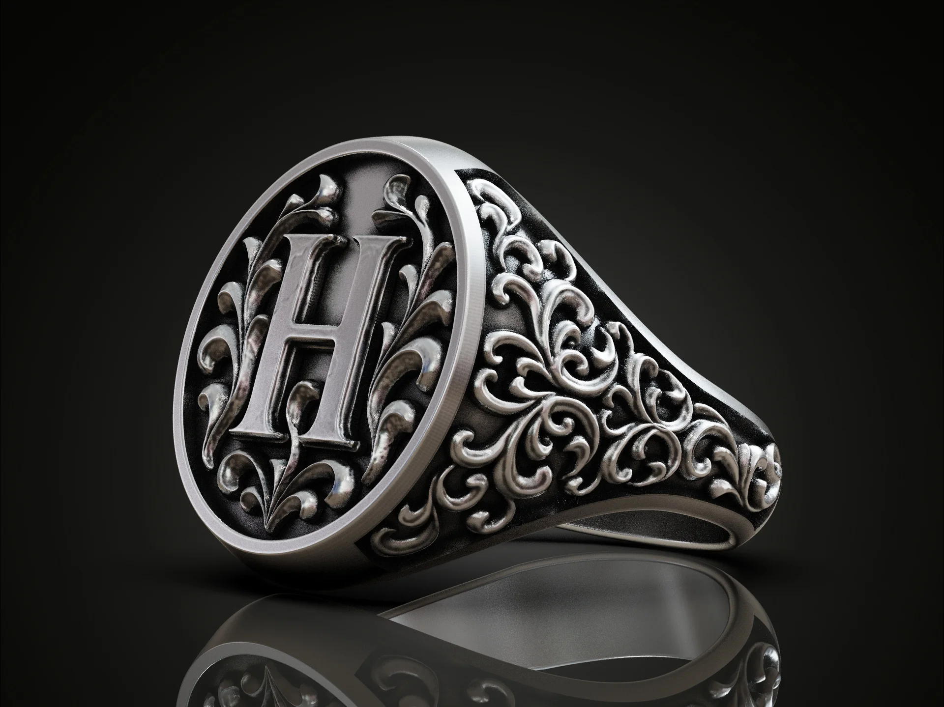 Vintage Ornate Floral Initial H Signet Ring — view 4