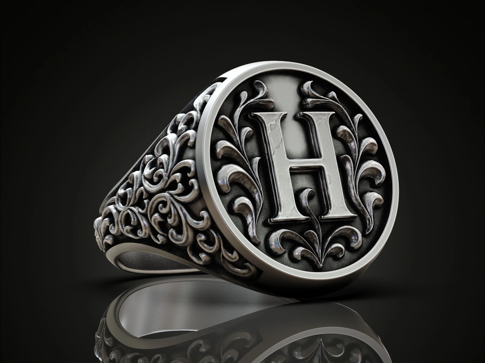 Vintage Ornate Floral Initial H Signet Ring