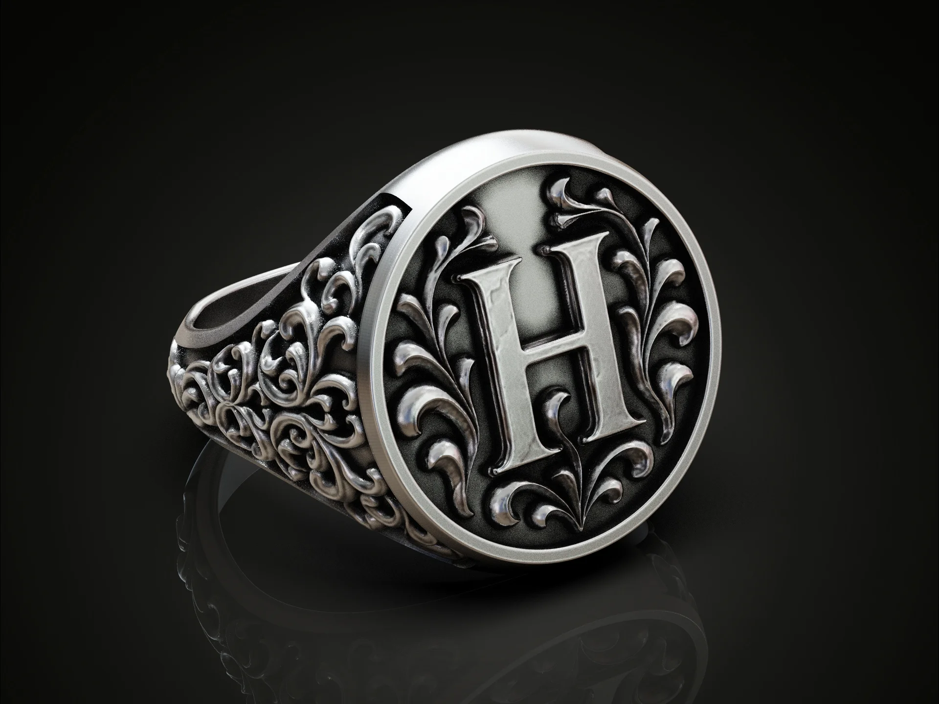 Vintage Ornate Floral Initial H Signet Ring — view 3