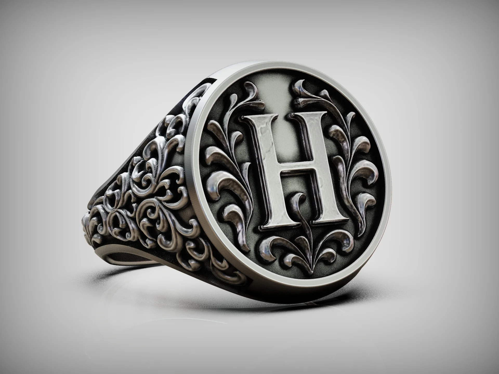 Vintage Ornate Floral Initial H Signet Ring — view 5
