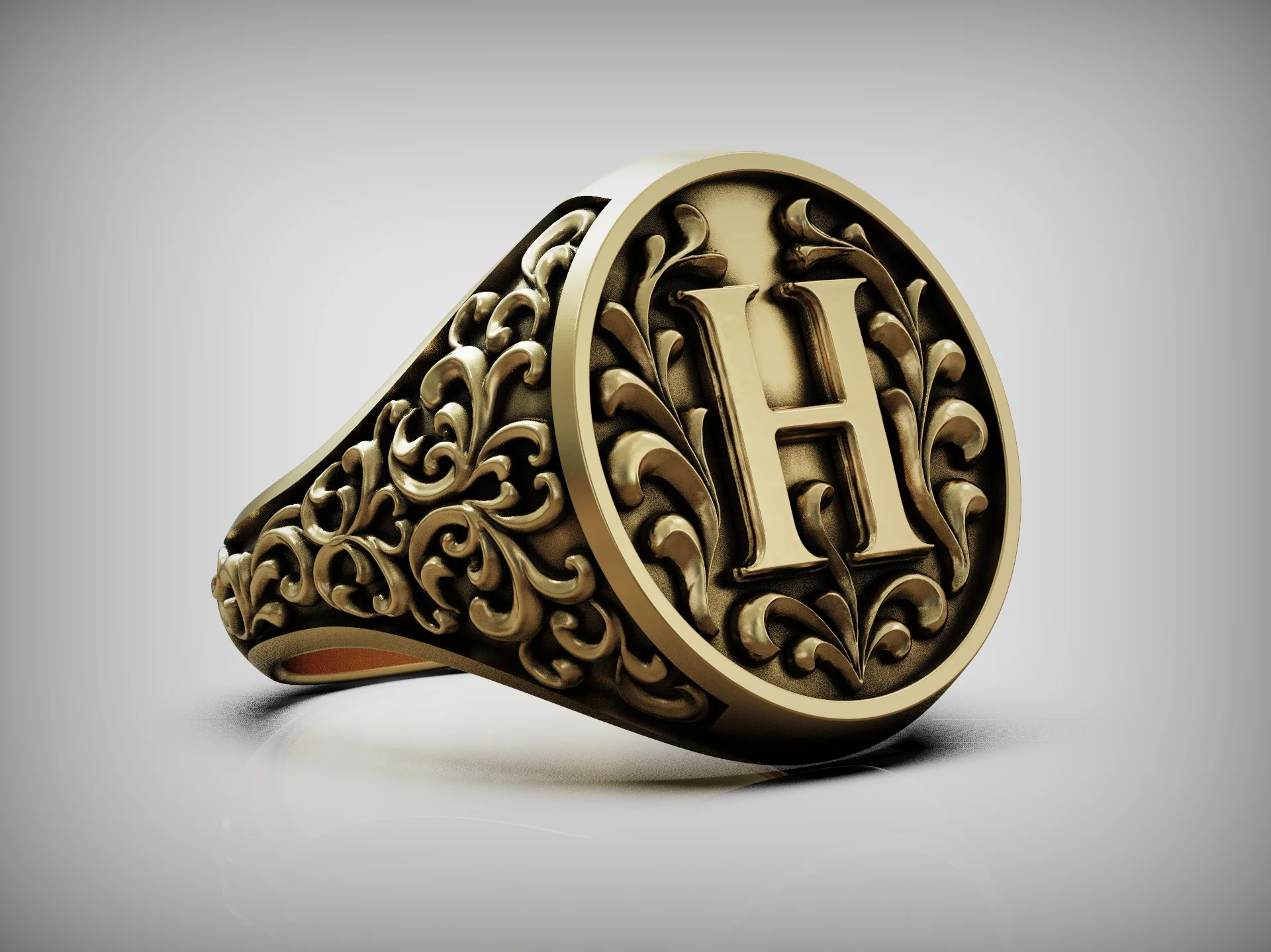 Vintage Ornate Floral Initial H Signet Ring — view 6