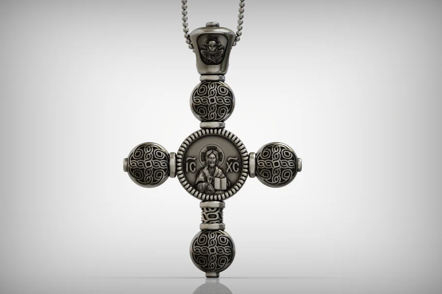 Spherical Bead Orthodox Cross Pendant with Knotwork