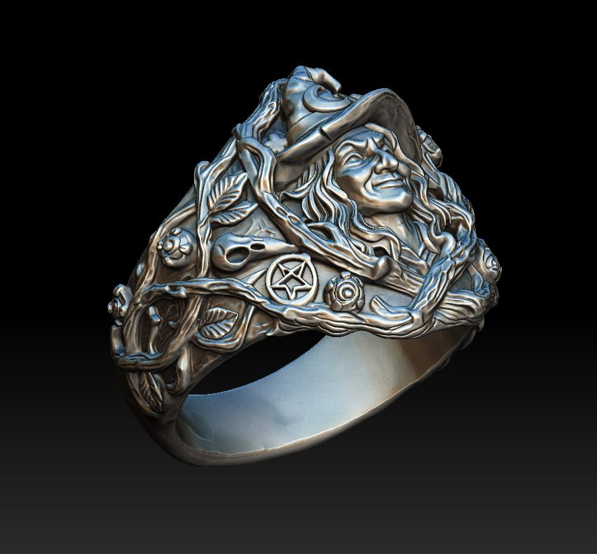 Gothic Witch Head Ring with Pentagrams and Skulls — view 4